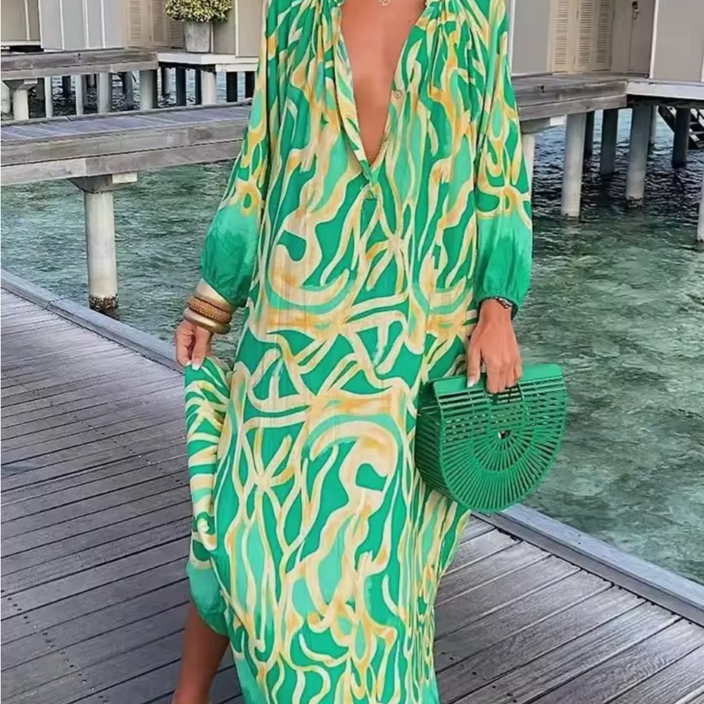 Green and Yellow Patterned Maxi Dress